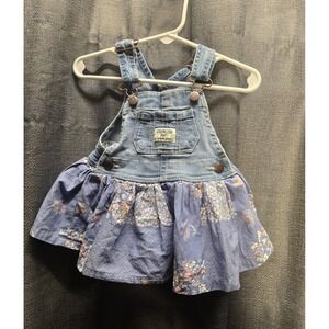 OshKosh Denim Overalls Dress Floral Skirt Toddler Girl Outfit Cute Play Size 6 M